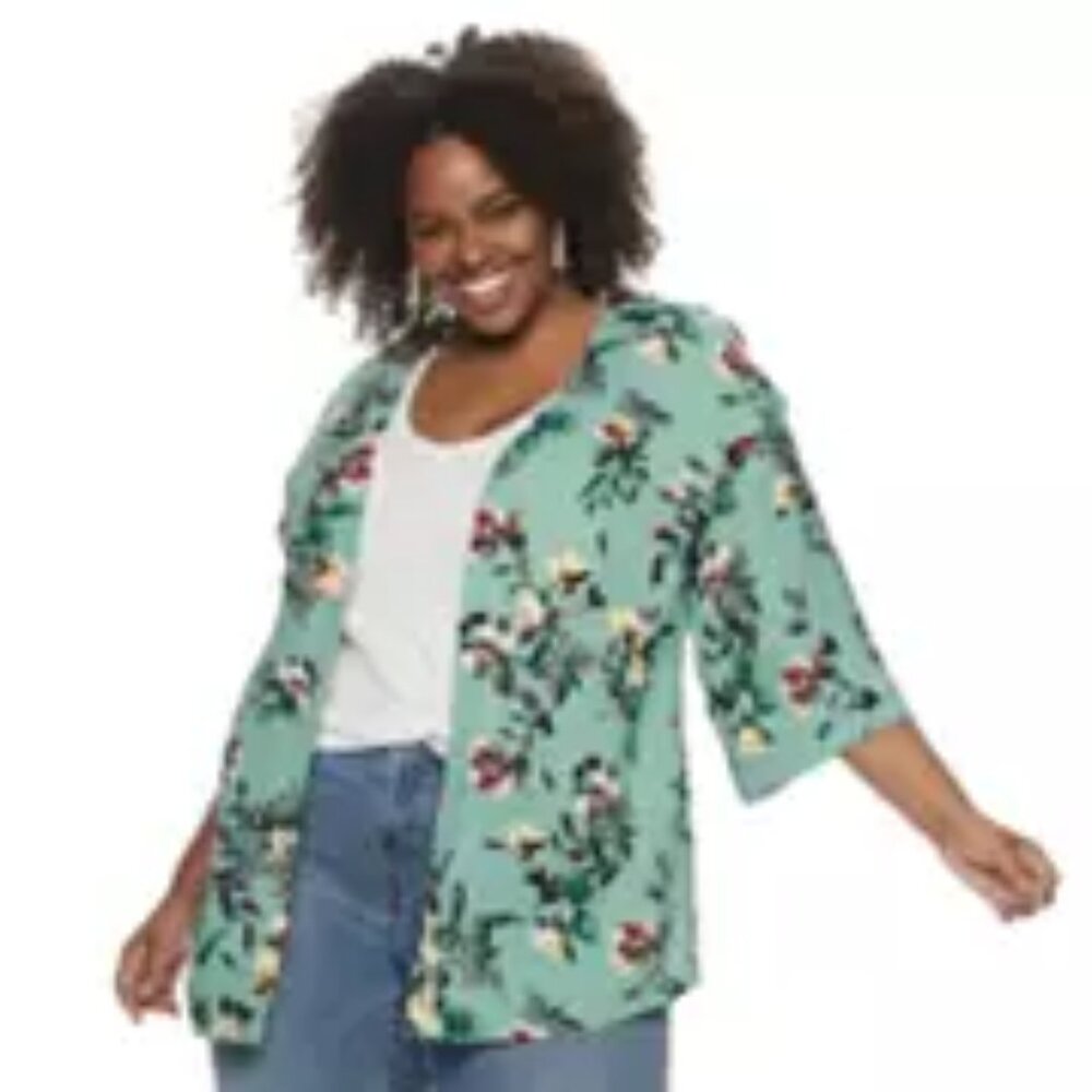 EVRI Mint Floral ¾ Sleeve Kimono Ruana Wrap (Size 2X)